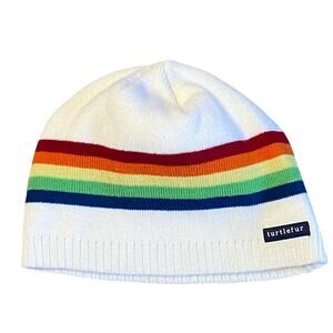 Turtle Fur Beanie Unisex S/M White Knit Rainbow Strips